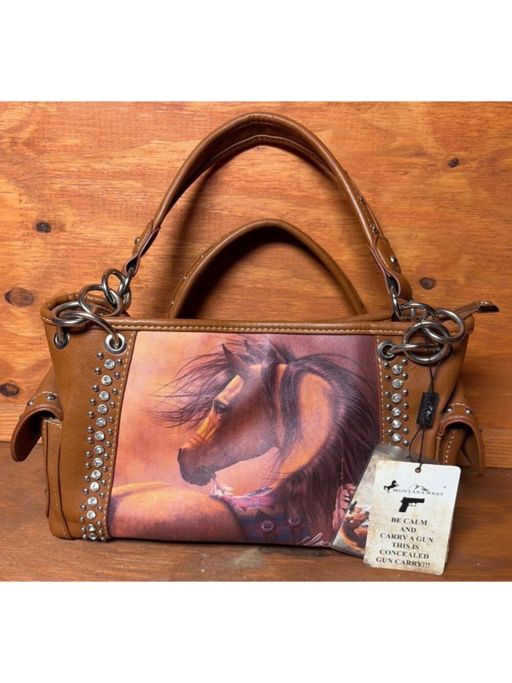 Montana West Horse Art Concealed Carry Purse Faux-Leather Studs & Rhinestones